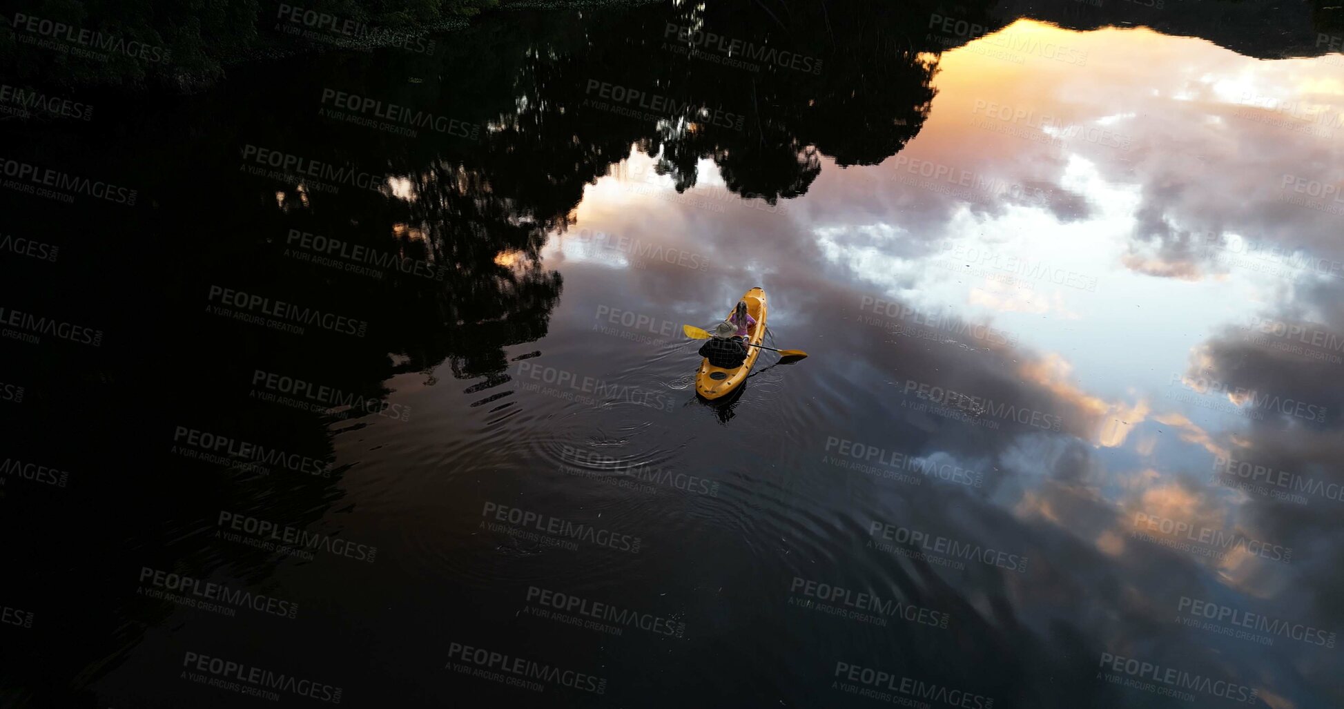 Buy stock photo Above, father and daughter in lake with kayak ride, adventure or bonding together for holiday activity. Space, man and child canoeing in river with outdoor exploration, travel and family vacation.