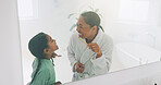 Dental, mother or girl in home with toothbrush, child growth or bonding together in oral care. Orthodontics, woman and kid with mirror, parent teaching and youth dentistry in childhood development.