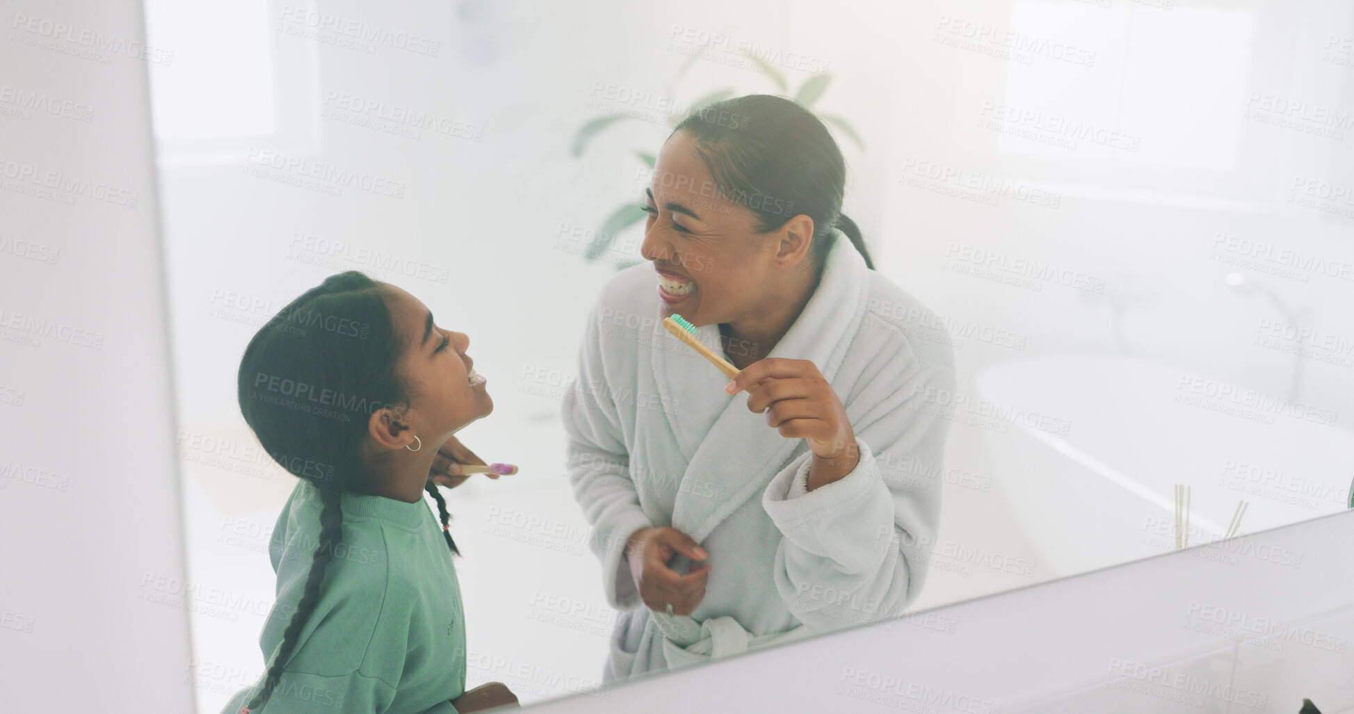 Buy stock photo Mirror, mother or girl in home with toothbrush, child growth or bonding together in dental care. Oral health, woman or kid with reflection, parent teaching or youth dentistry in childhood development