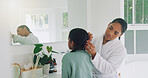 Hair care, mother and girl in bathroom, help and morning routine with texture. Family, people and daughter in home, support and grooming for getting ready, love and prepare to start day and talking