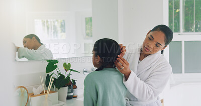 Buy stock photo Hair care, mother and girl in bathroom, help and morning routine with texture. Family, people and daughter in home, support and grooming for getting ready, growth and prepare to start day and volume