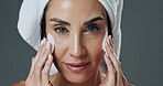 Skincare, face wash and portrait of woman in studio with natural, beauty or health routine. Wellness, foam and female person with facial cleaning for dermatology treatment by gray background.