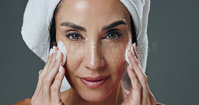 Buy stock photo Skincare, face wash and portrait of woman in studio with natural, beauty or health routine. Wellness, foam and mature person with facial cleaning for dermatology treatment by gray background.