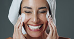 Skincare, face wash and woman with smile in studio, morning routine and grooming for natural beauty. Cleaning skin, facial cleanser and mature person with soap for wellness, happy and gray background