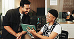 People, team and tablet with review for coding at office with programming, notes and smile at AI startup. Developer, woman and man with application, report or insight with checklist at tech agency