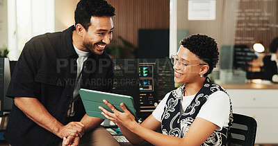 Buy stock photo People, team and tablet with review for coding at office with programming, notes and smile at AI startup. Developer, woman and man with application, report or insight with checklist at tech agency