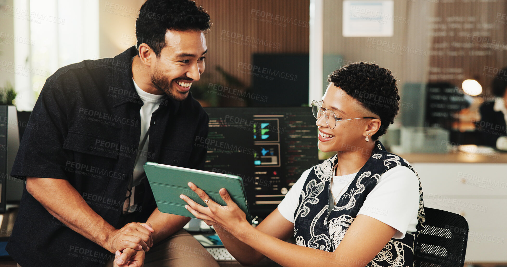 Buy stock photo People, team and tablet with review for coding at office with programming, notes and smile at AI startup. Developer, woman and man with application, report or insight with checklist at tech agency