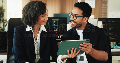 Buy stock photo People, team and tablet with report for discussion at office with programming, notes and smile at AI startup. Developer, woman and man with application, happy or insight with checklist at tech agency