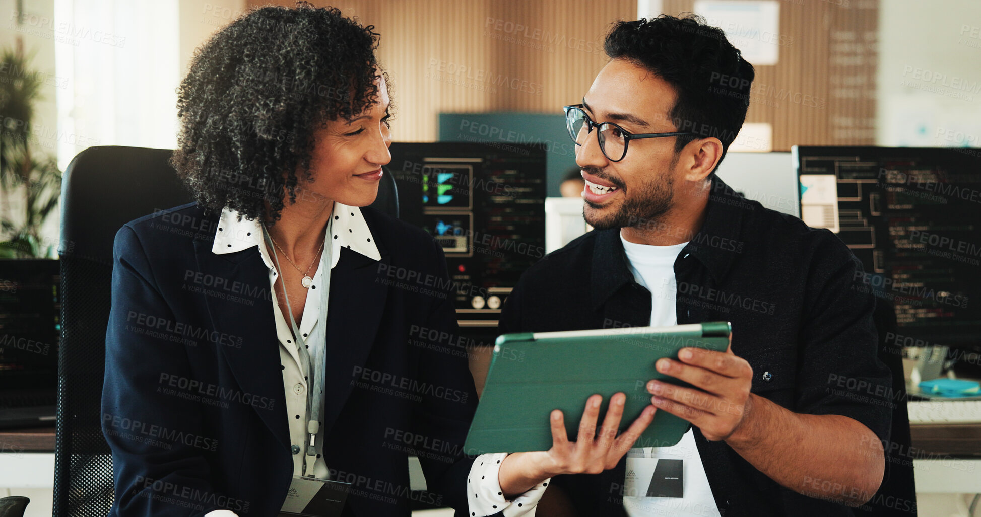 Buy stock photo People, team and tablet with report for discussion at office with programming, notes and smile at AI startup. Developer, woman and man with application, happy or insight with checklist at tech agency