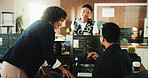 People, group and computer with review for coding at office with programming, notes and tech company. Team, women and man with typing, report and futuristic web development with meeting at agency