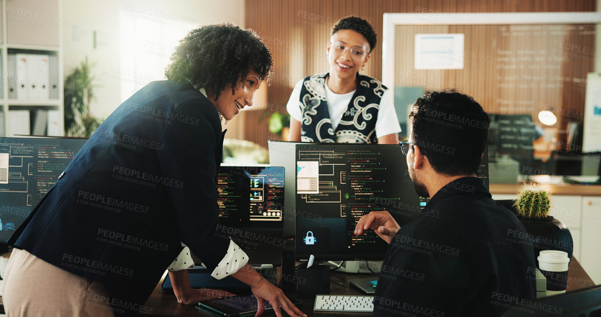 Buy stock photo People, group and computer with review for coding at office with programming, notes and tech company. Team, women and man with typing, report and futuristic web development with meeting at agency