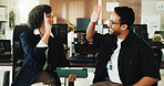 People, team and tablet with high five for coding at office with programming, goals and smile at AI startup. Developer, woman and man with app, achievement or success with celebration at tech agency
