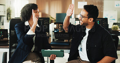 Buy stock photo People, team and tablet with high five for coding at office with programming, goals and smile at AI startup. Developer, woman and man with app, achievement or success with celebration at tech agency