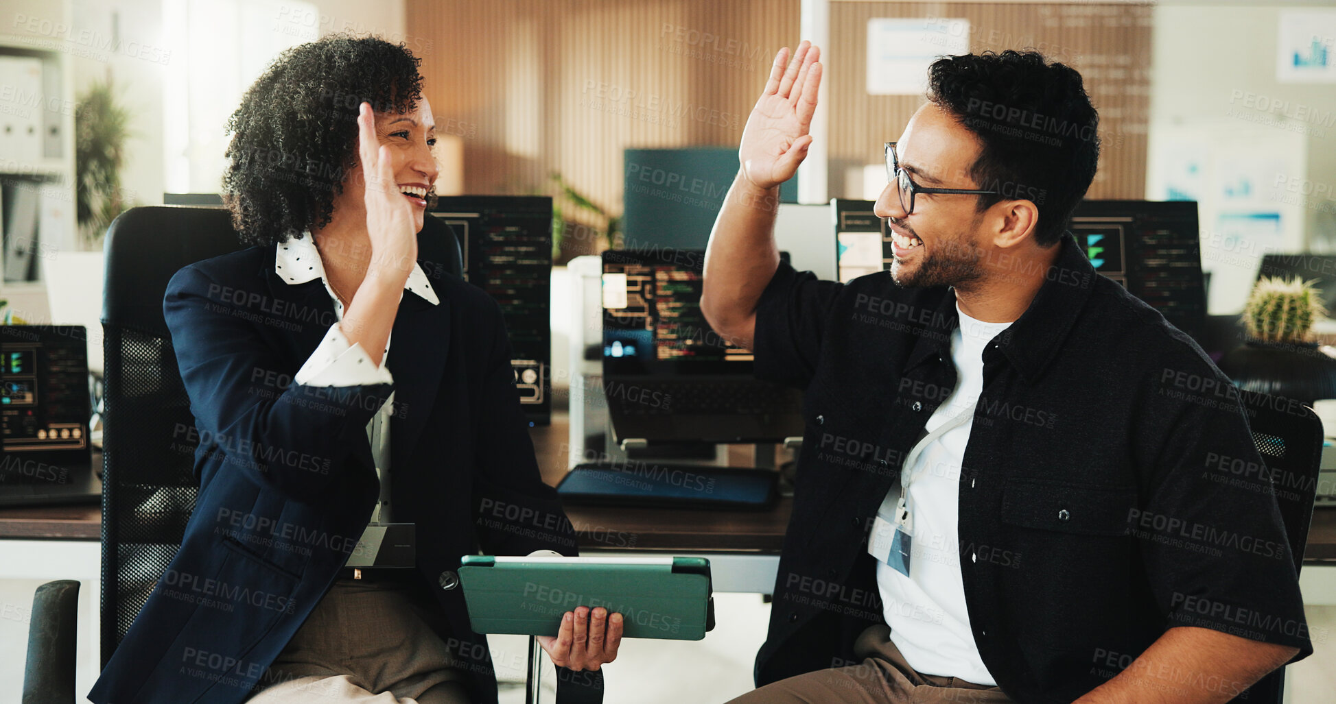 Buy stock photo People, team and tablet with high five for coding at office with programming, goals and smile at AI startup. Developer, woman and man with app, achievement or success with celebration at tech agency