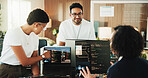 People, group and computer with discussion for coding at office with programming, notes and tech company. Team, women and man with screen, report or futuristic web development with planning at agency