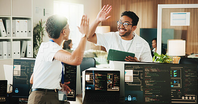 Buy stock photo High five, programmer and tablet with business people in office for app developer, support and database. It engineer, software launch success and celebration with employees with tech in agency