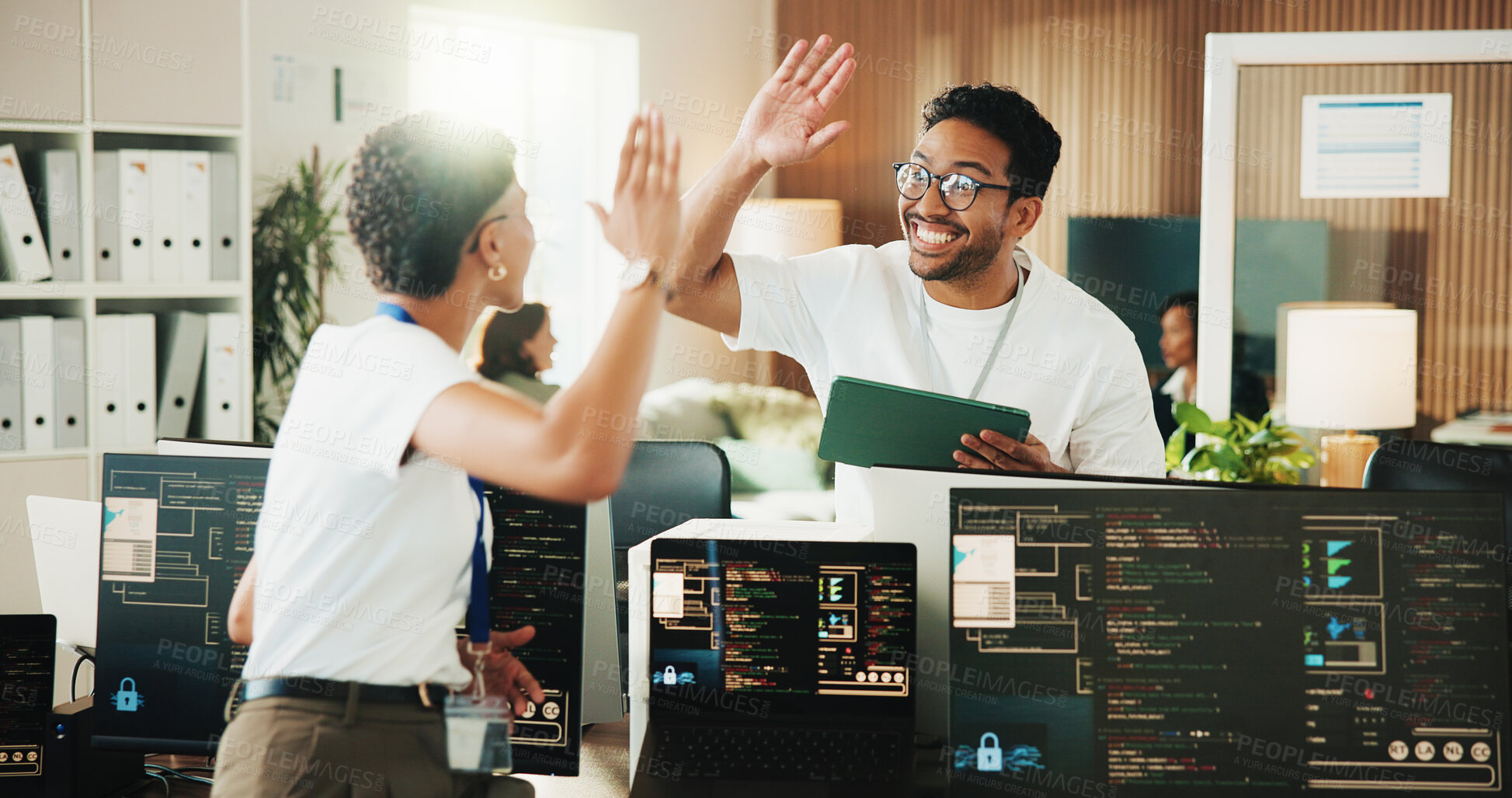 Buy stock photo High five, programmer and tablet with business people in office for app developer, support and database. It engineer, software launch success and celebration with employees with tech in agency