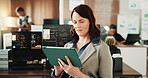 Tablet, programmer and research with woman in office for coding, cyber security and cloud computing. Programming, reading and developer with employee in agency for database update and it solution