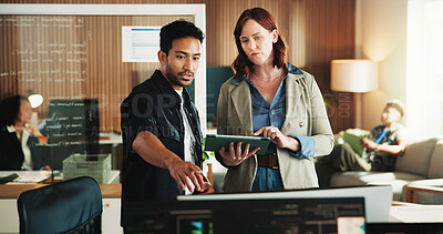 Buy stock photo Tablet, programmer and feedback with business people in office for web developer, research or computer. Code review, software engineer and database with employees in tech startup for it collaboration