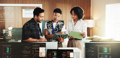 Buy stock photo Tablet, coding and team with business people in office for programmer review, research and project. Web developer, software engineer and tech workshop with employees for database feedback and meeting