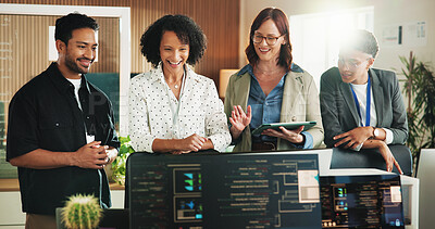 Buy stock photo Developer, smile and computer with business people in office for database, team and cyber security. Software engineer, firewall update and feedback with employees in tech agency for code review