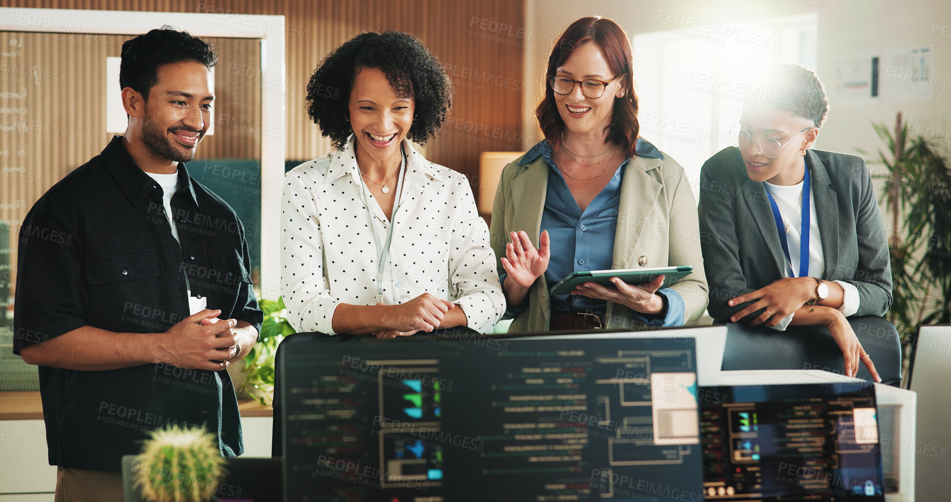 Buy stock photo Developer, smile and computer with business people in office for database, team and cyber security. Software engineer, firewall update and feedback with employees in tech agency for code review