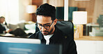 Computer, research and programmer with business man in office for web developer, code or database. Software engineer, firewall update and coding system with person in tech startup for online solution