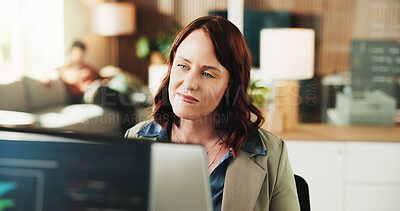 Buy stock photo Computer, reading and programmer with business woman in office for web developer, code or database. Software engineer, firewall update and coding system with employee in startup for online solution