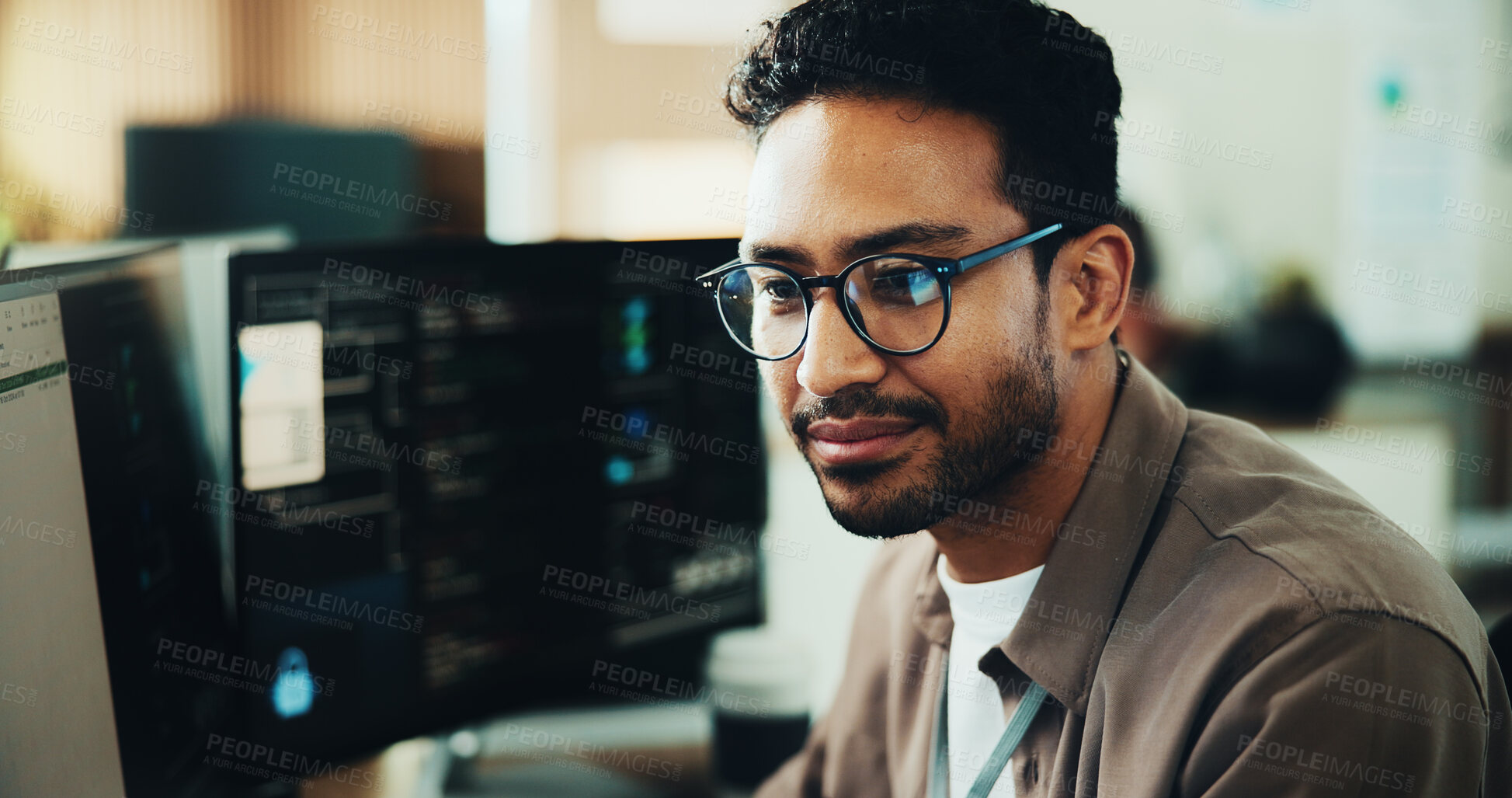Buy stock photo Computer, smile and programmer with business man in office for web developer, code or database. Software engineer, firewall update and coding system with person in tech startup for online solution