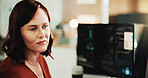 Computer, programmer and reading with woman in office for coding, cyber security or cloud computing. Programming, research and developer with person in tech agency for database update and it solution
