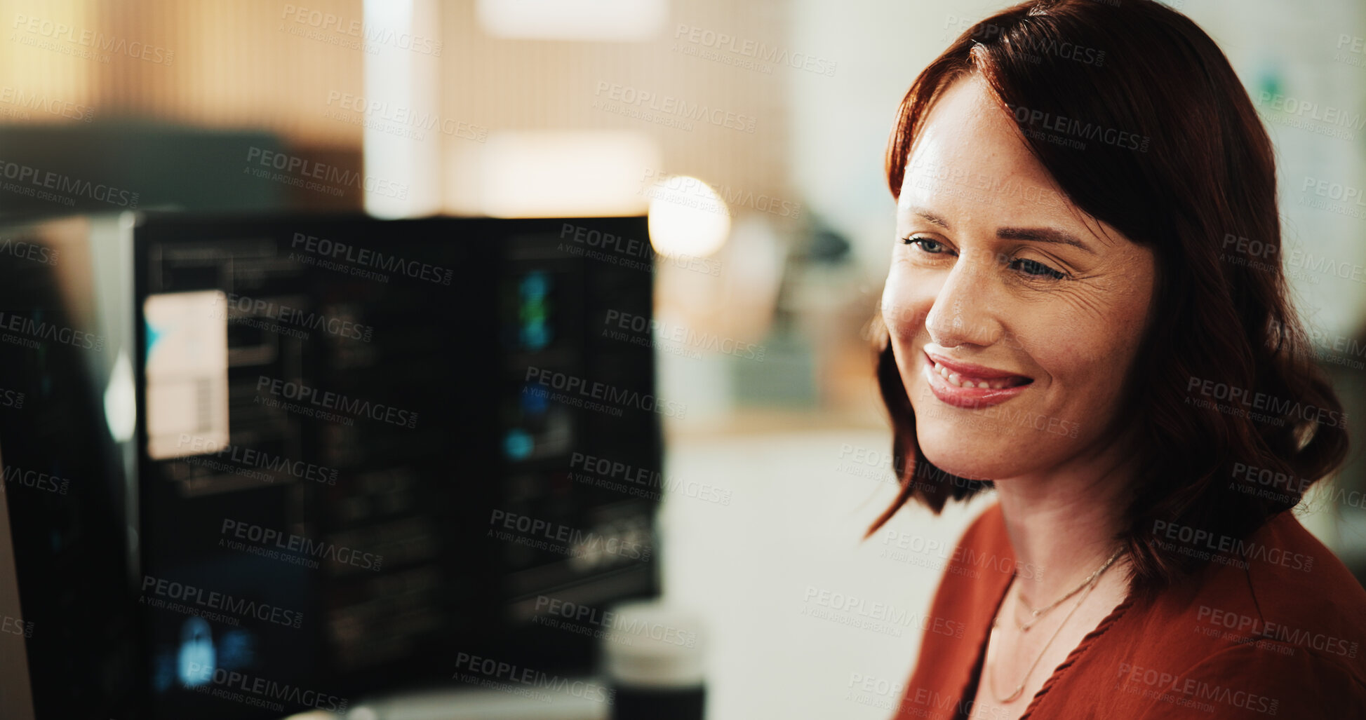 Buy stock photo Smile, programmer and computer with business woman in office for web developer, it expert or research. Software engineer, coding update and database project with employee in tech startup for firewall
