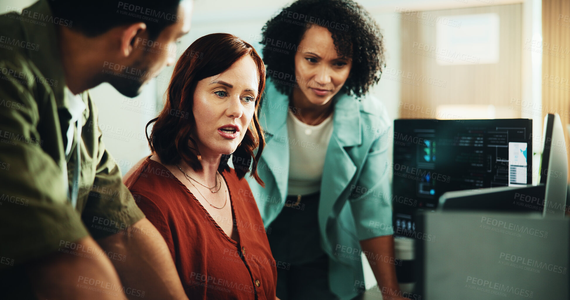 Buy stock photo Computer, coding and talking with business people in office for programmer review, research and project. Web developer, software engineer and tech workshop with employees for database and meeting
