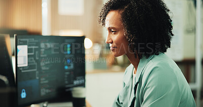 Buy stock photo Computer, coding and research with woman in office for programmer, cyber security or cloud computing. Programming, reading and developer with person in tech agency for database update and it solution