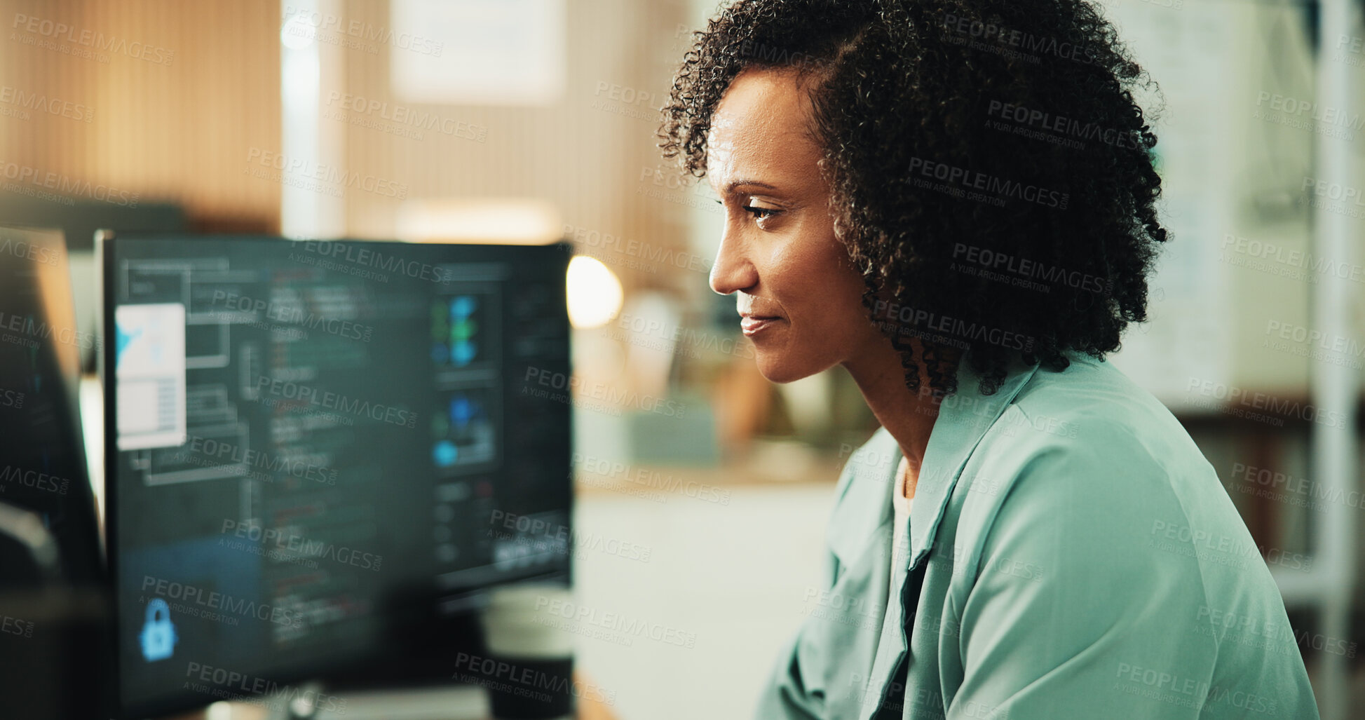 Buy stock photo Computer, coding and research with woman in office for programmer, cyber security or cloud computing. Programming, reading and developer with person in tech agency for database update and it solution