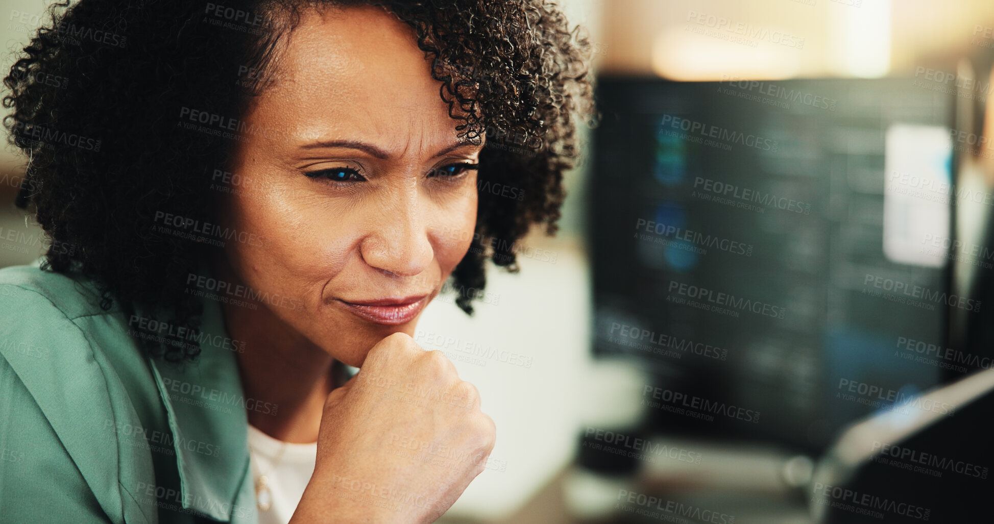 Buy stock photo Computer, coding and thinking with woman in office for programmer, cyber security or cloud computing. Programming, reading and developer with person in tech agency for database vision and it solution