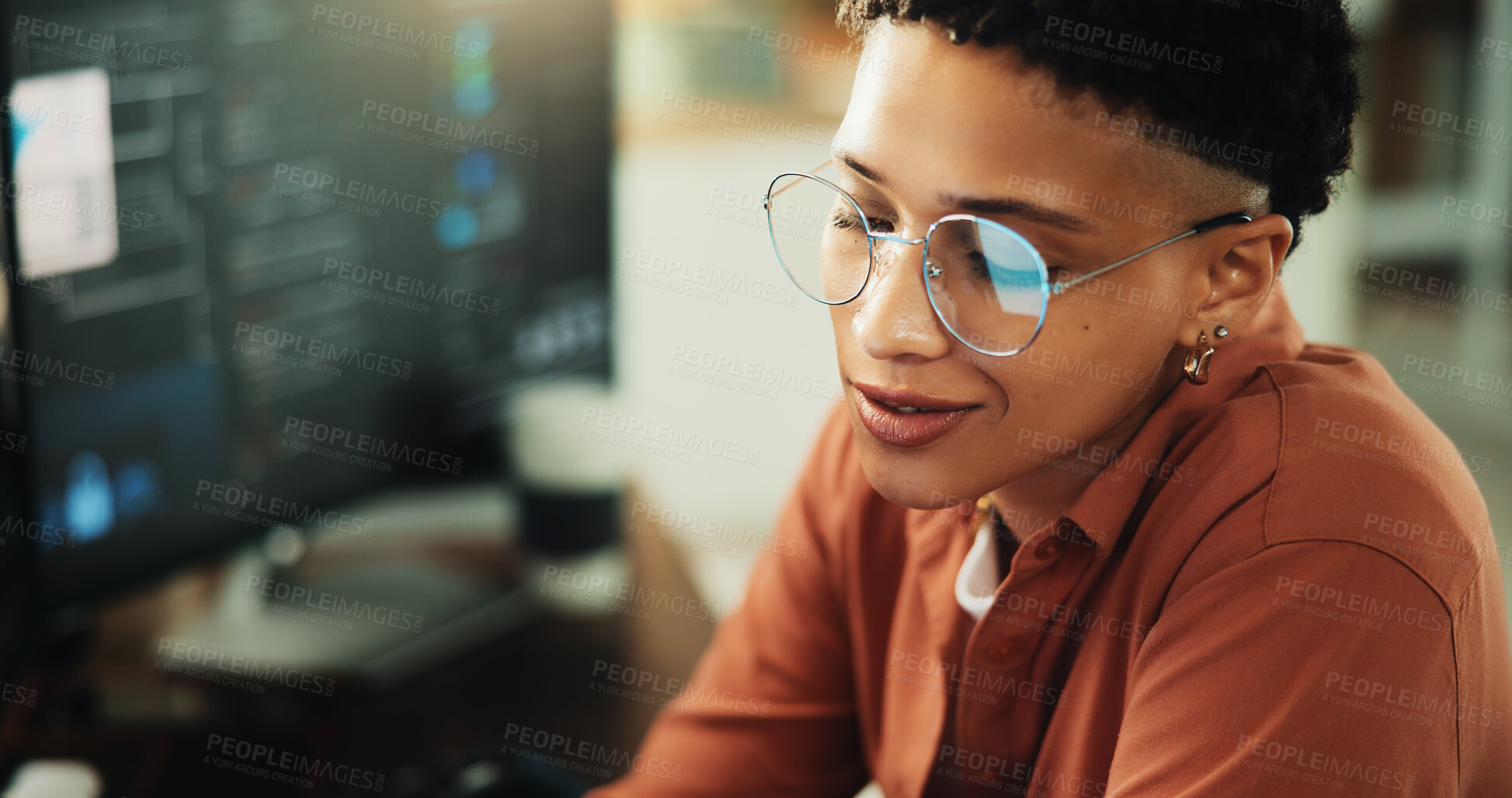 Buy stock photo Glasses, developer and computer with business woman in office for web programmer, it expert or research. Software engineer, coding update and database project with employee in startup for firewall