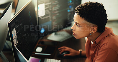 Buy stock photo Research, developer and computer with business woman in office for web programmer, it expert or reading. Software engineer, coding update and database project with employee in startup for firewall