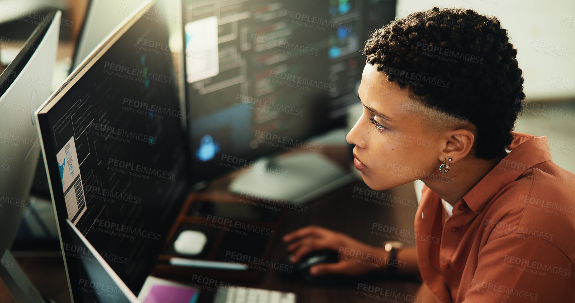 Buy stock photo Research, developer and computer with business woman in office for web programmer, it expert or reading. Software engineer, coding update and database project with employee in startup for firewall