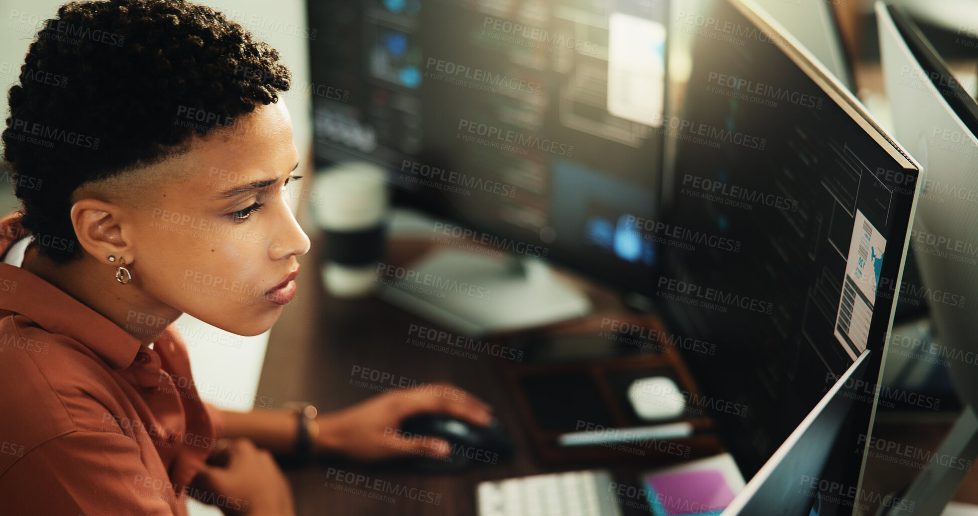 Buy stock photo Reading, coding and computer with business woman in office for web programmer, it expert or research. Software engineer, developer update and database project with employee in startup for firewall