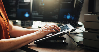 Buy stock photo Laptop, typing and programmer with hands of person in office for web developer, coder or research. Software engineer, firewall update and coding system with employee in startup for online solution