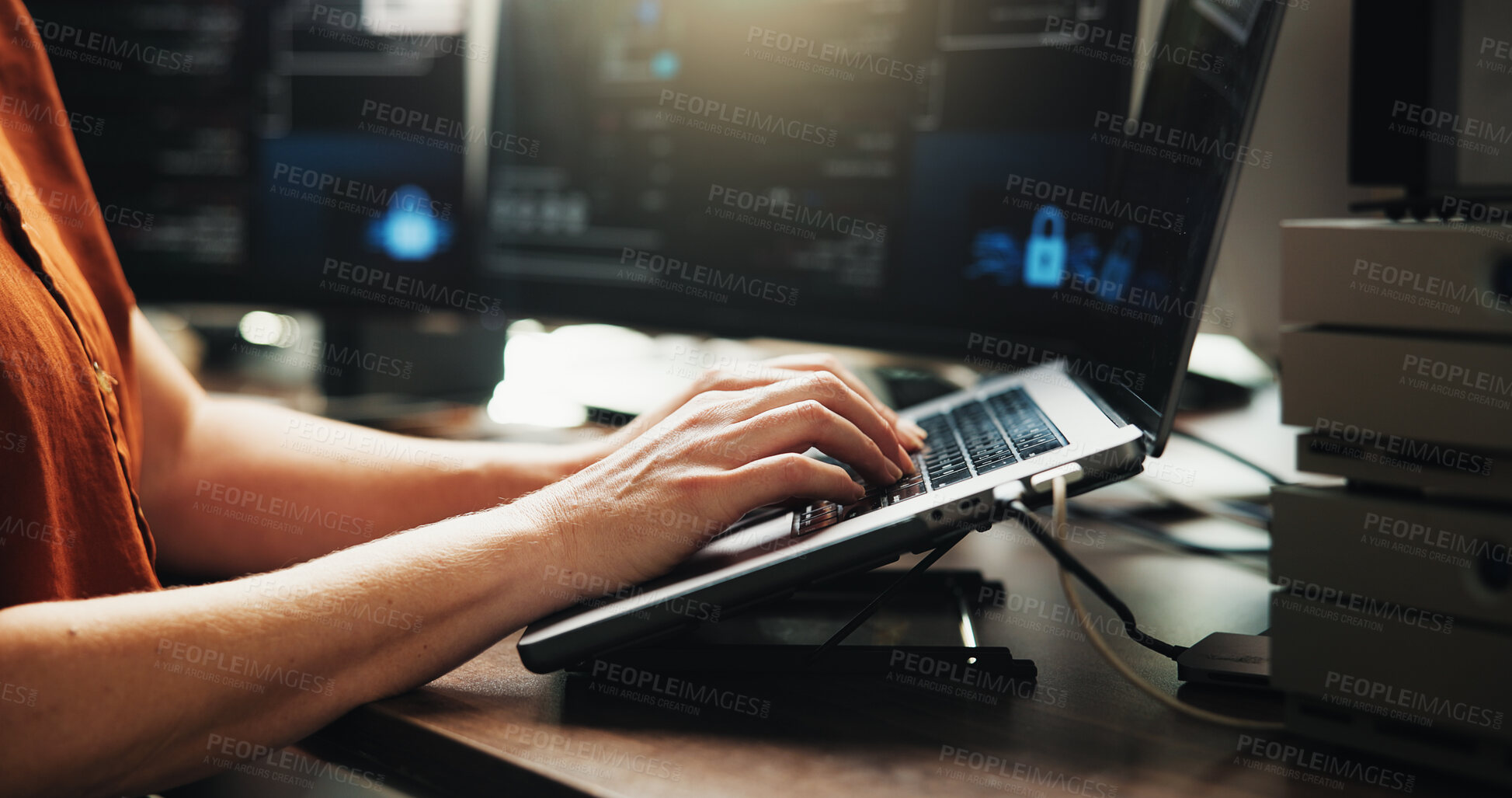 Buy stock photo Laptop, typing and programmer with hands of person in office for web developer, coder or research. Software engineer, firewall update and coding system with employee in startup for online solution