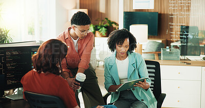 Buy stock photo Programmer, team and tablet with business people in office for database, meeting and cyber security. Software engineer, firewall update and feedback with employees in tech agency for code review