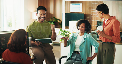 Buy stock photo Tablet, programmer and support with business people in office for app developer, team and database. It engineer, software launch success and celebration with employees with tech in agency for bonus