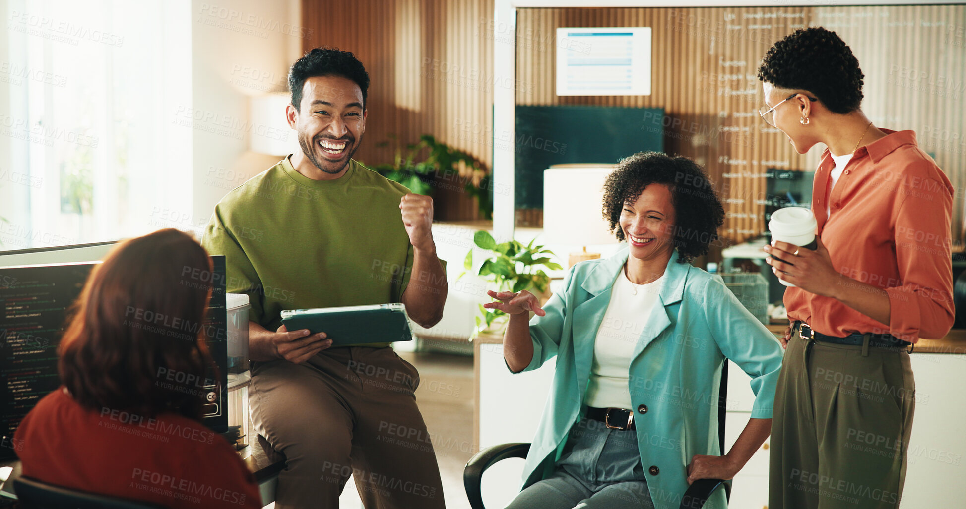 Buy stock photo Tablet, programmer and support with business people in office for app developer, team and database. It engineer, software launch success and celebration with employees with tech in agency for bonus