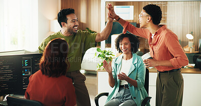Buy stock photo High five, programmer and happy with business people in office for app developer, support and database. It engineer, software launch success and celebration with employees with tech in agency