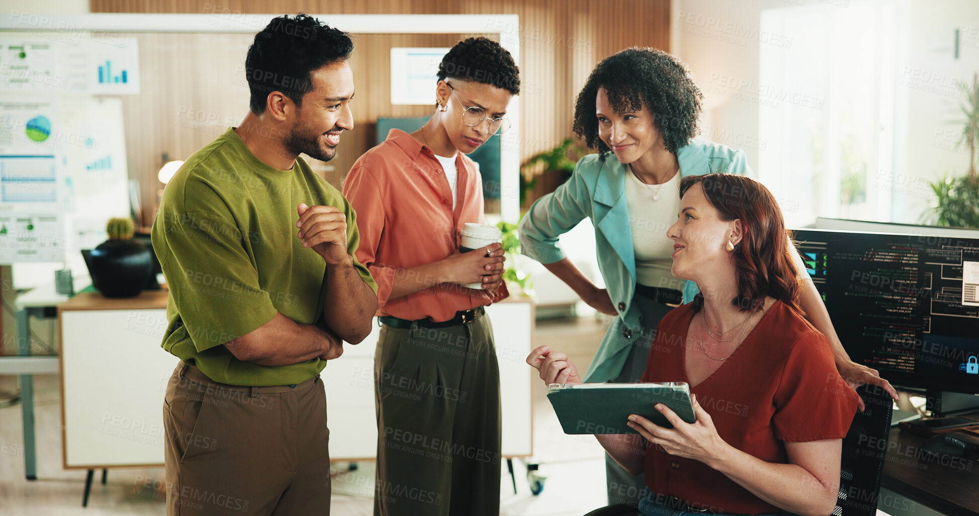 Buy stock photo Developer, code and tablet with business people in office for data system analyst, team and cyber security. Software engineer, firewall update and meeting with employees in agency for review