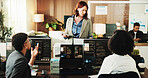 Screen, tech and mentor with programming meeting for code review, planning ui design or coworking. Dashboard, woman or tablet with team in office for system testing, framework script or collaboration