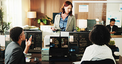 Buy stock photo Screen, tech and mentor with programming meeting for code review, planning ui design or coworking. Dashboard, woman or tablet with team in office for system testing, framework script or collaboration