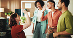 High five, programmer and group with business people in office for app developer, support and database. It engineer, software launch success and celebration with employees with tech in agency