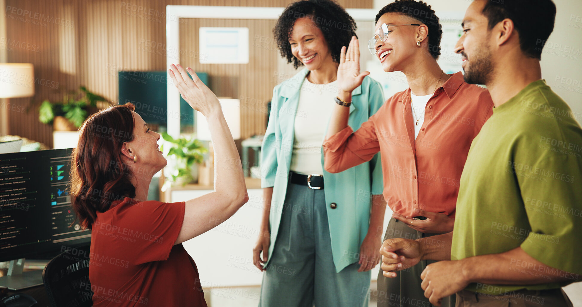 Buy stock photo High five, programmer and group with business people in office for app developer, support and database. It engineer, software launch success and celebration with employees with tech in agency